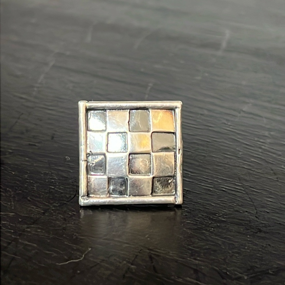 925 Sterling silver square statement ring checkered pattern adjustable vintage